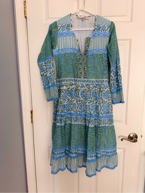 EUC Bella Tu 🌸 Adorable Block Print 100% Cotton Dress XS